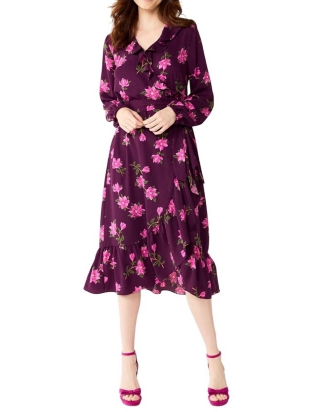 Draper James Floral Wrap Midi Dress Purple Pink Longsleeve Ruffle Size S